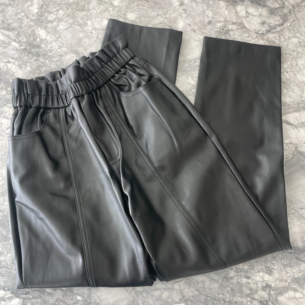 Elan Straight Leg Paperbag Faux Leather Pants Black Size Small